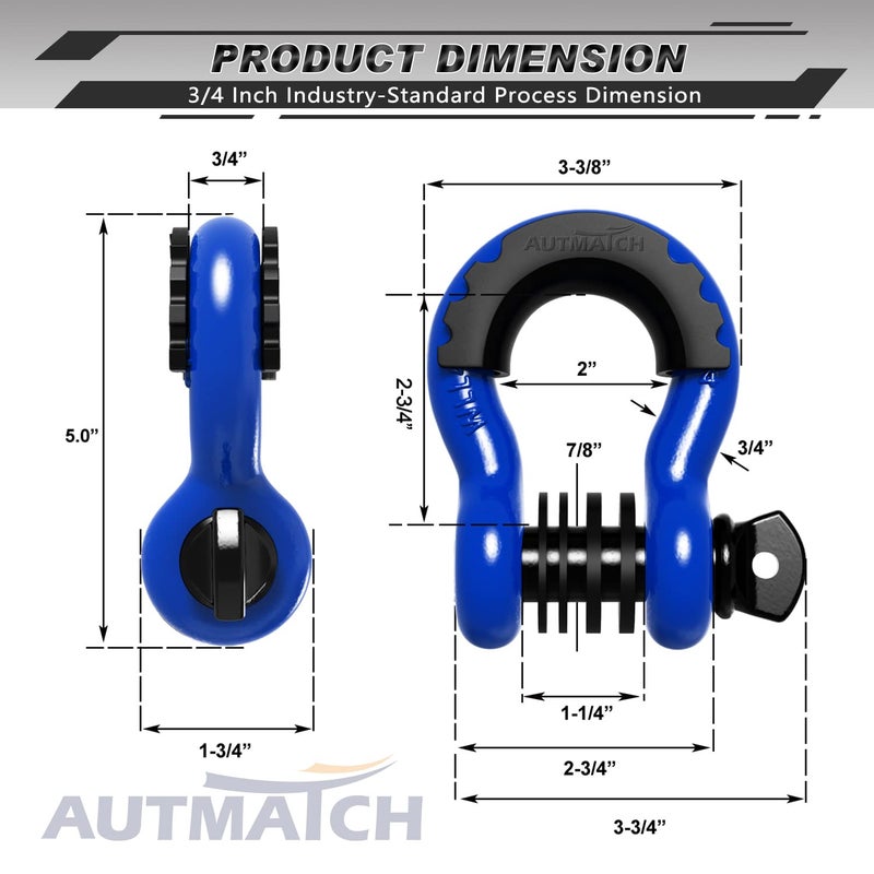 AUTMATCH حلقة د شاكلة AUTMATCH 3/4" (عبوة 2) قوة كسر 41,887 رطل - شاكلة كليفس مع دبوس لولبي 7/8" ومجموعة غسالة عازلة للشاكلة لسحب حزام ونش استرداد المركبات على الطرق الوعرة، أزرق وأسود - Image 3